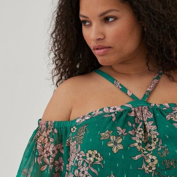 Torrid Womens Cold Shoulder Halter Top Floral Green Large - Picture 2 of 10